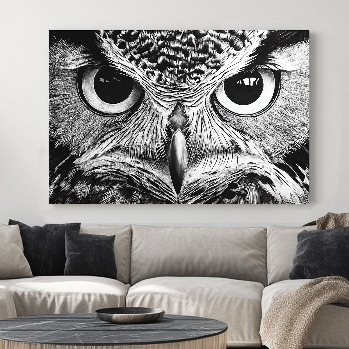 Black and white close-up owl eyes wall art with intricate details.