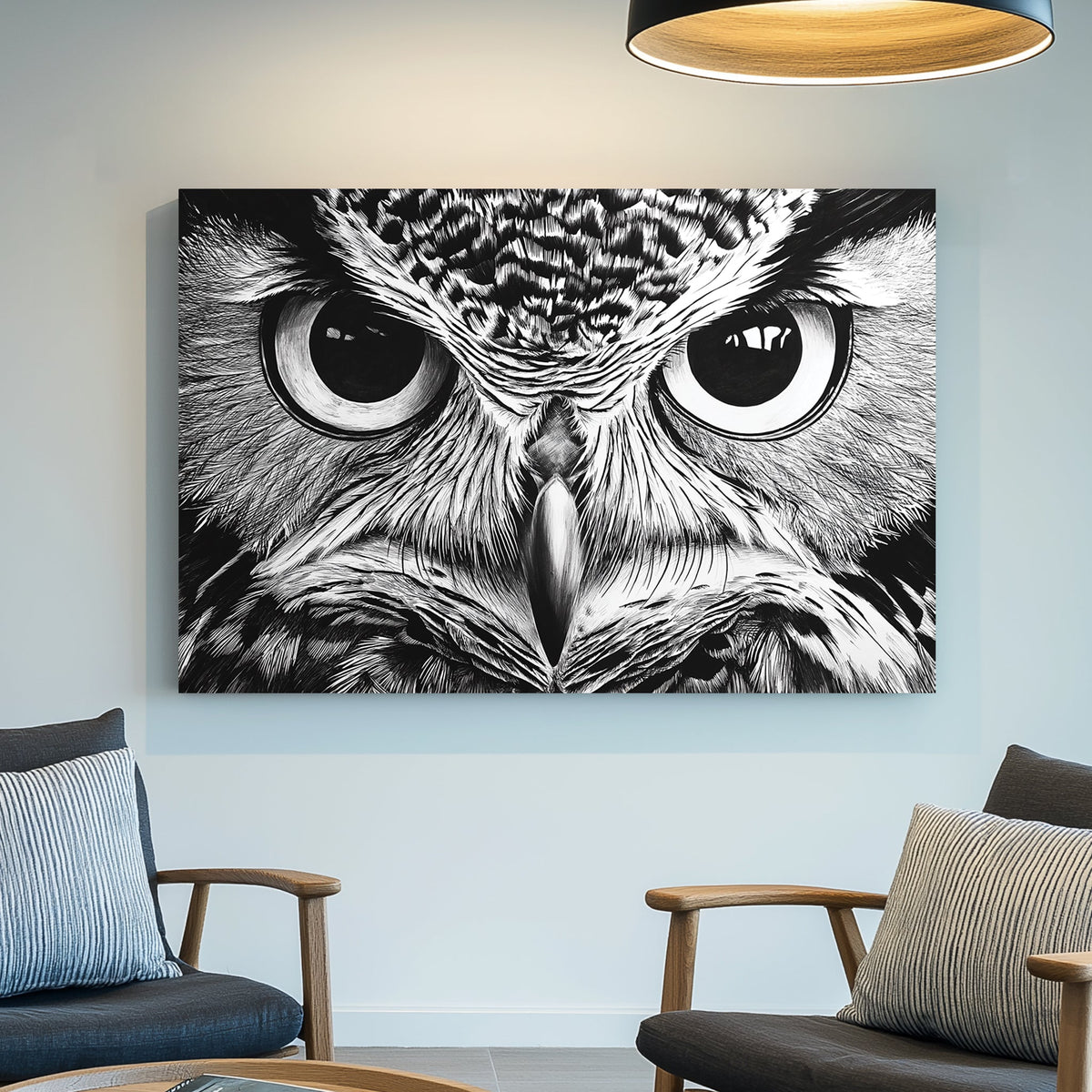 Black and white close-up owl eyes wall art with intricate details.