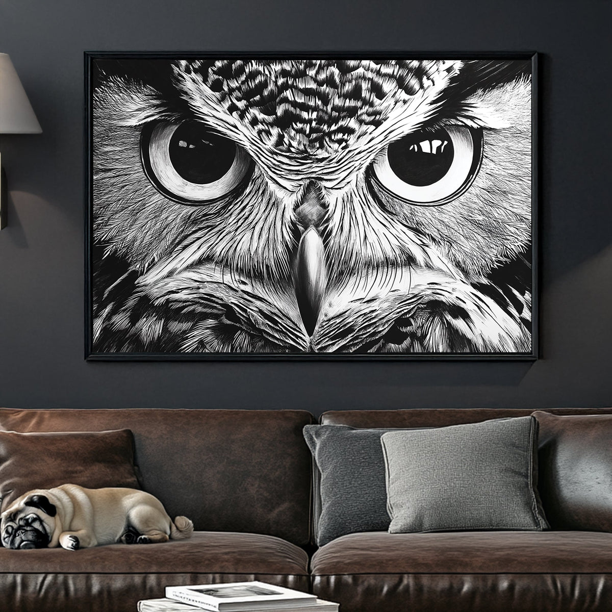 Black and white close-up owl eyes wall art with intricate details.