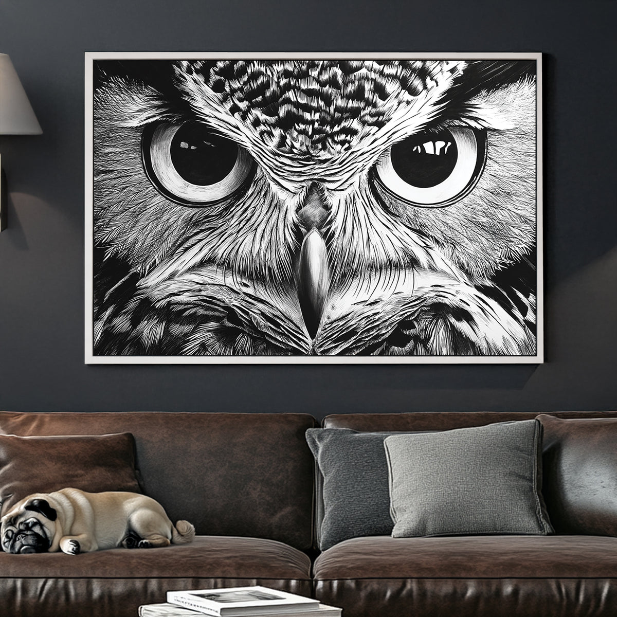 Black and white close-up owl eyes wall art with intricate details.