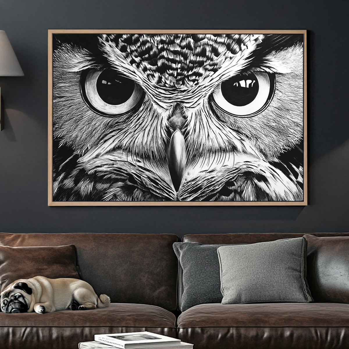 Black and white close-up owl eyes wall art with intricate details.