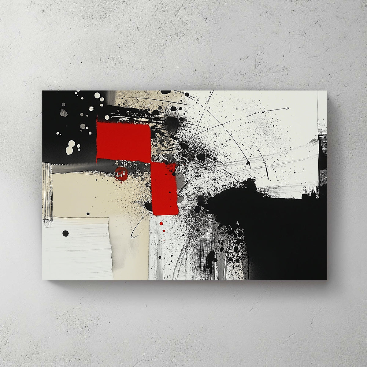 Abstract black, white, and red wall art with geometric accents and paint splatters.