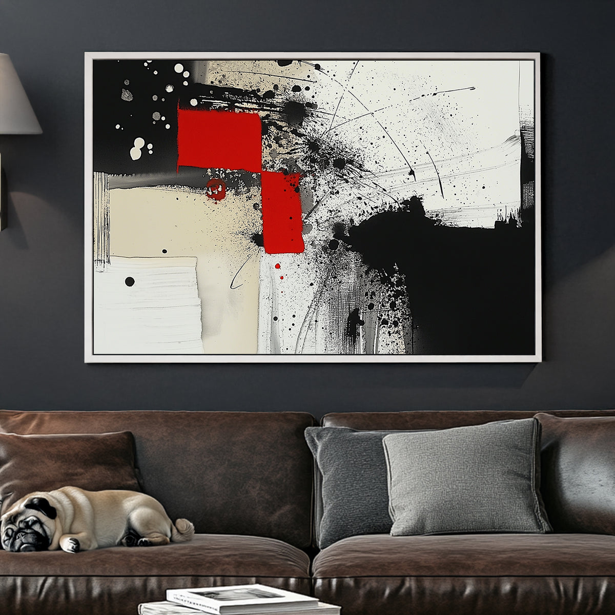 Abstract black, white, and red wall art with geometric accents and paint splatters.