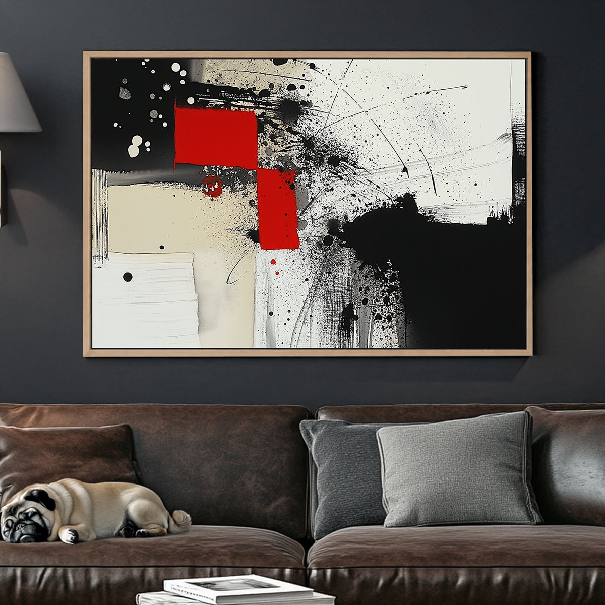 Abstract black, white, and red wall art with geometric accents and paint splatters.