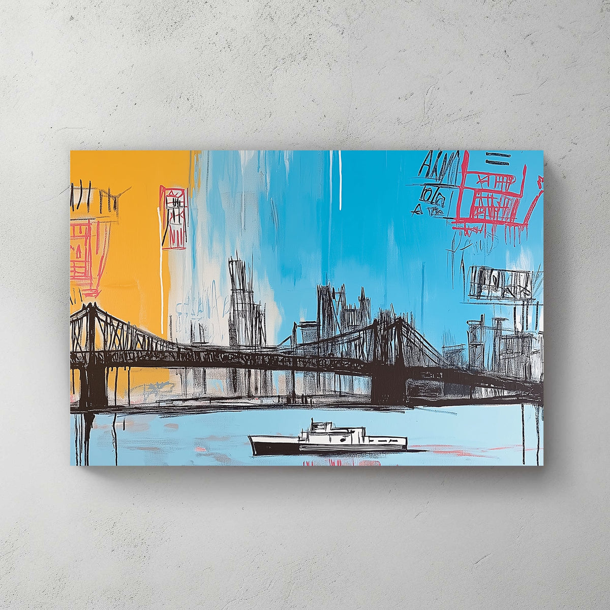 Graffiti-style urban cityscape wall art featuring a bridge and boat.
