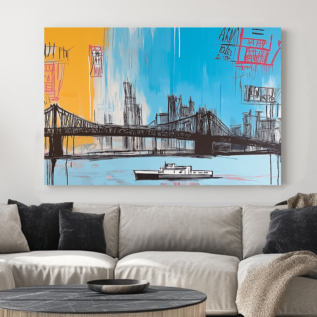 Graffiti-style urban cityscape wall art featuring a bridge and boat.