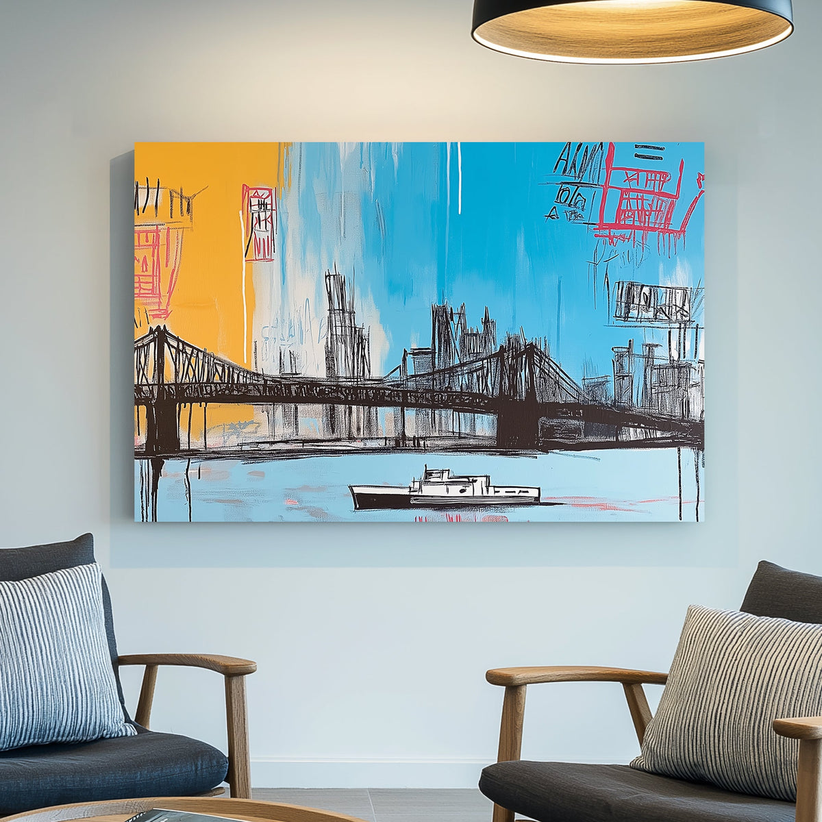 Graffiti-style urban cityscape wall art featuring a bridge and boat.