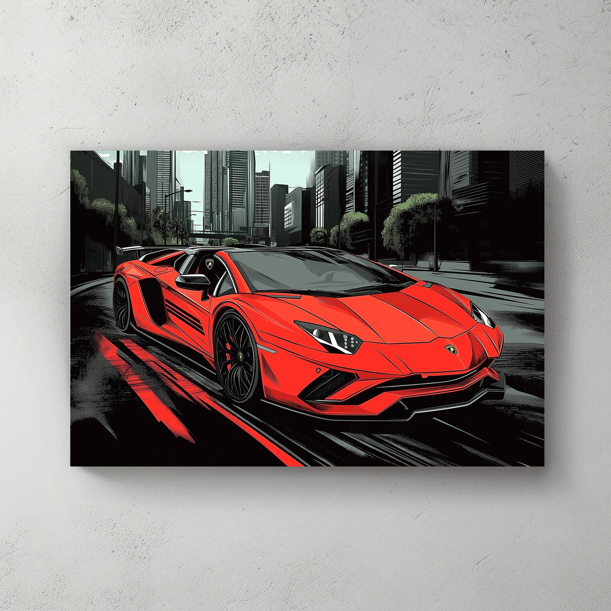 Red Lamborghini speeding through a futuristic cityscape wall art.