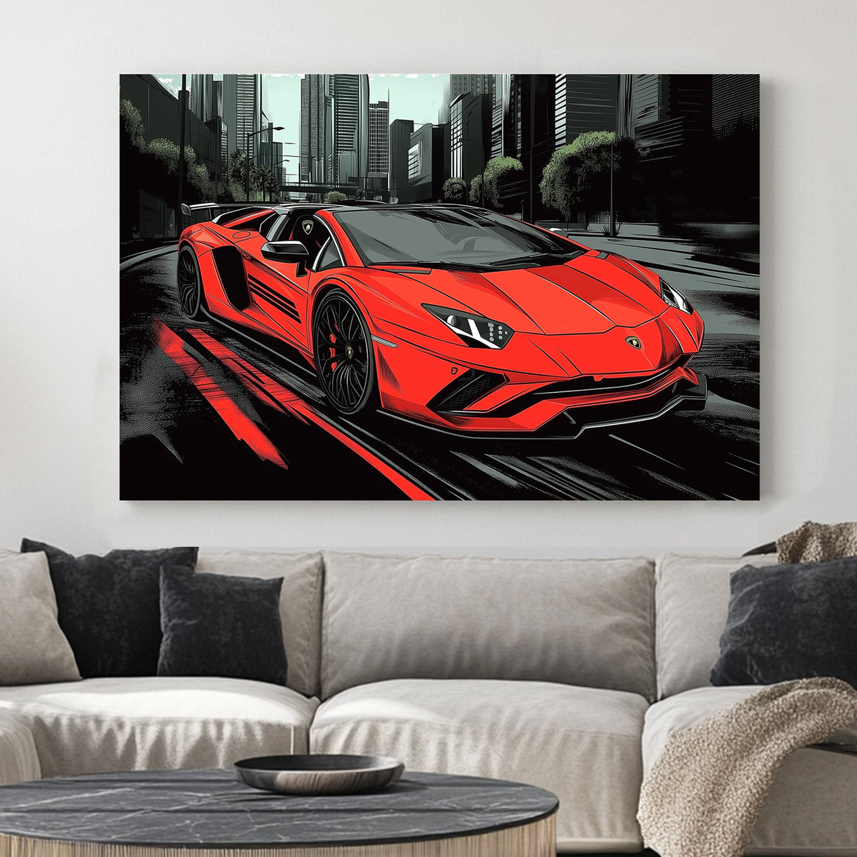 Red Lamborghini speeding through a futuristic cityscape wall art.