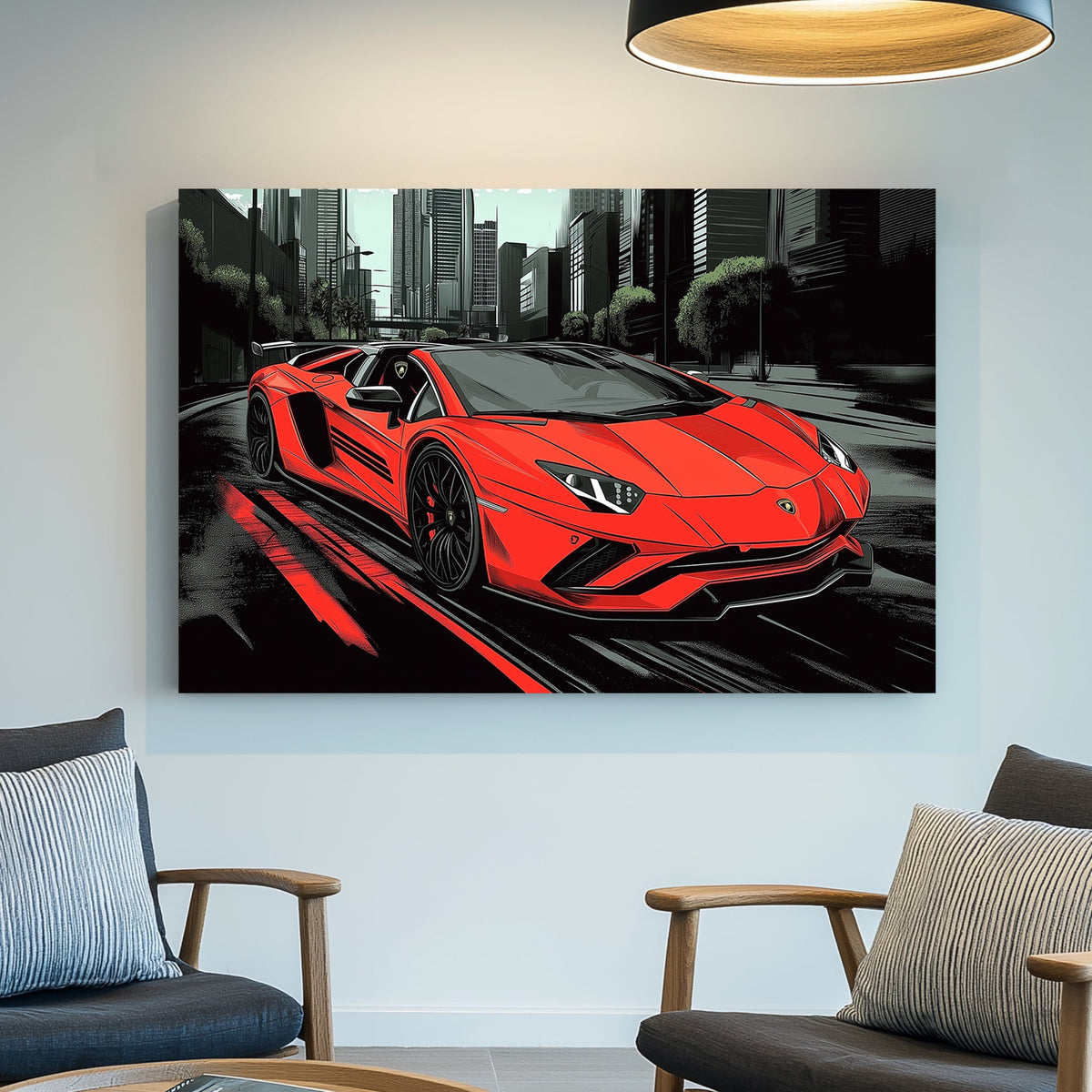 Red Lamborghini speeding through a futuristic cityscape wall art.