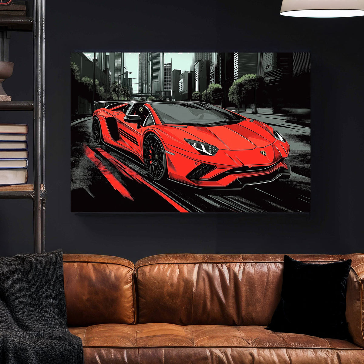 Red Lamborghini speeding through a futuristic cityscape wall art.