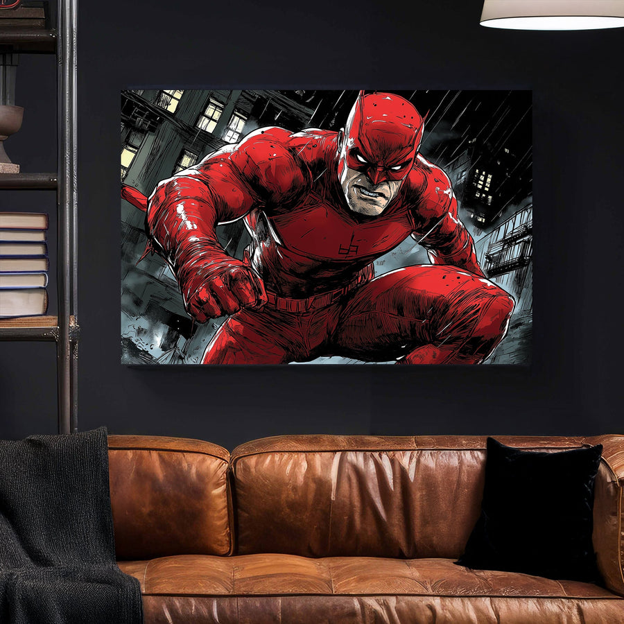 Daredevil comic-style wall art featuring a bold red-suited vigilante in a rain-soaked city.