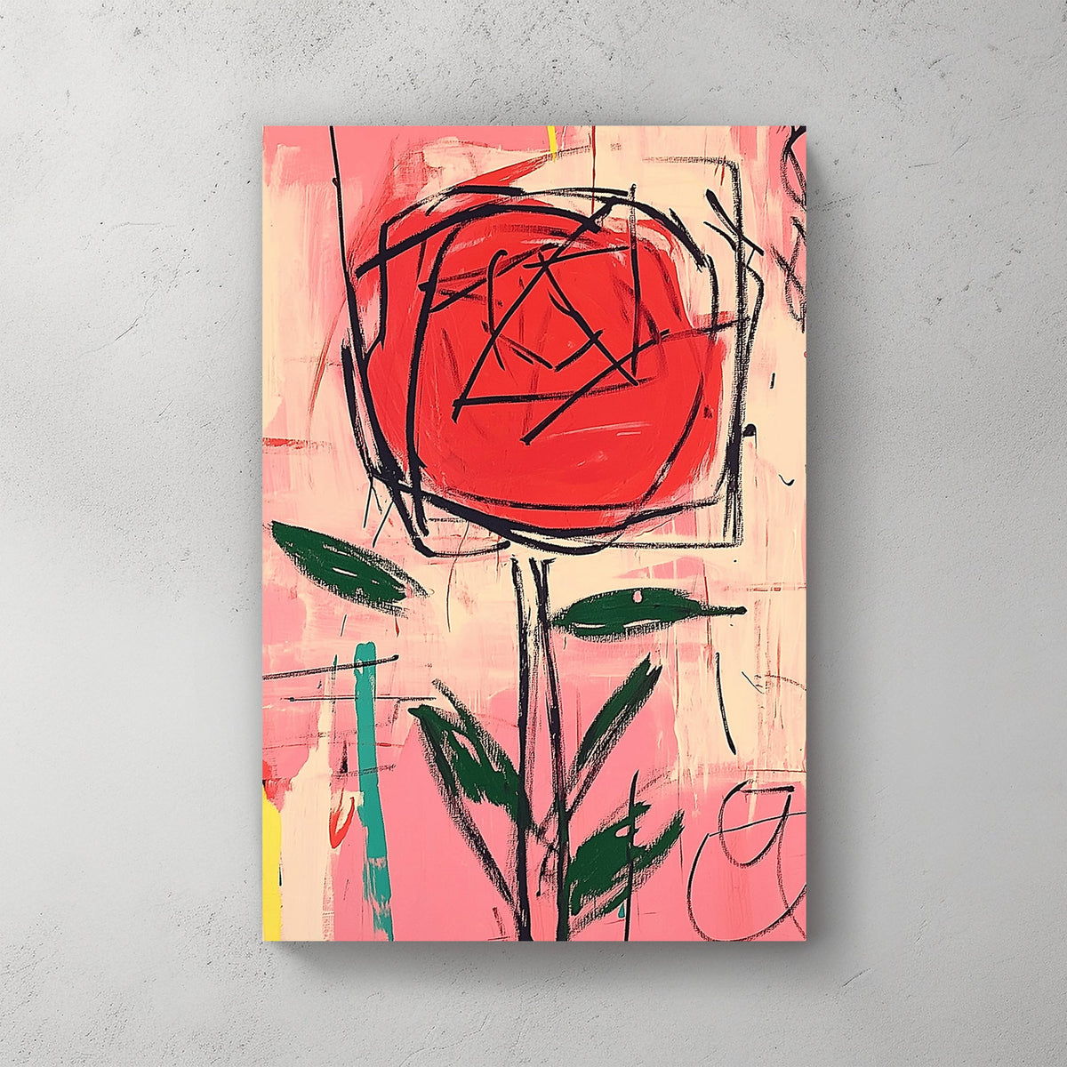 Graffiti-style red rose abstract wall art with bold black strokes and a vibrant pink background.