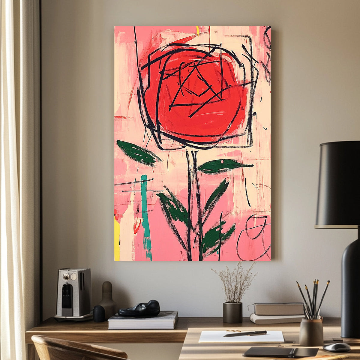 Graffiti-style red rose abstract wall art with bold black strokes and a vibrant pink background.