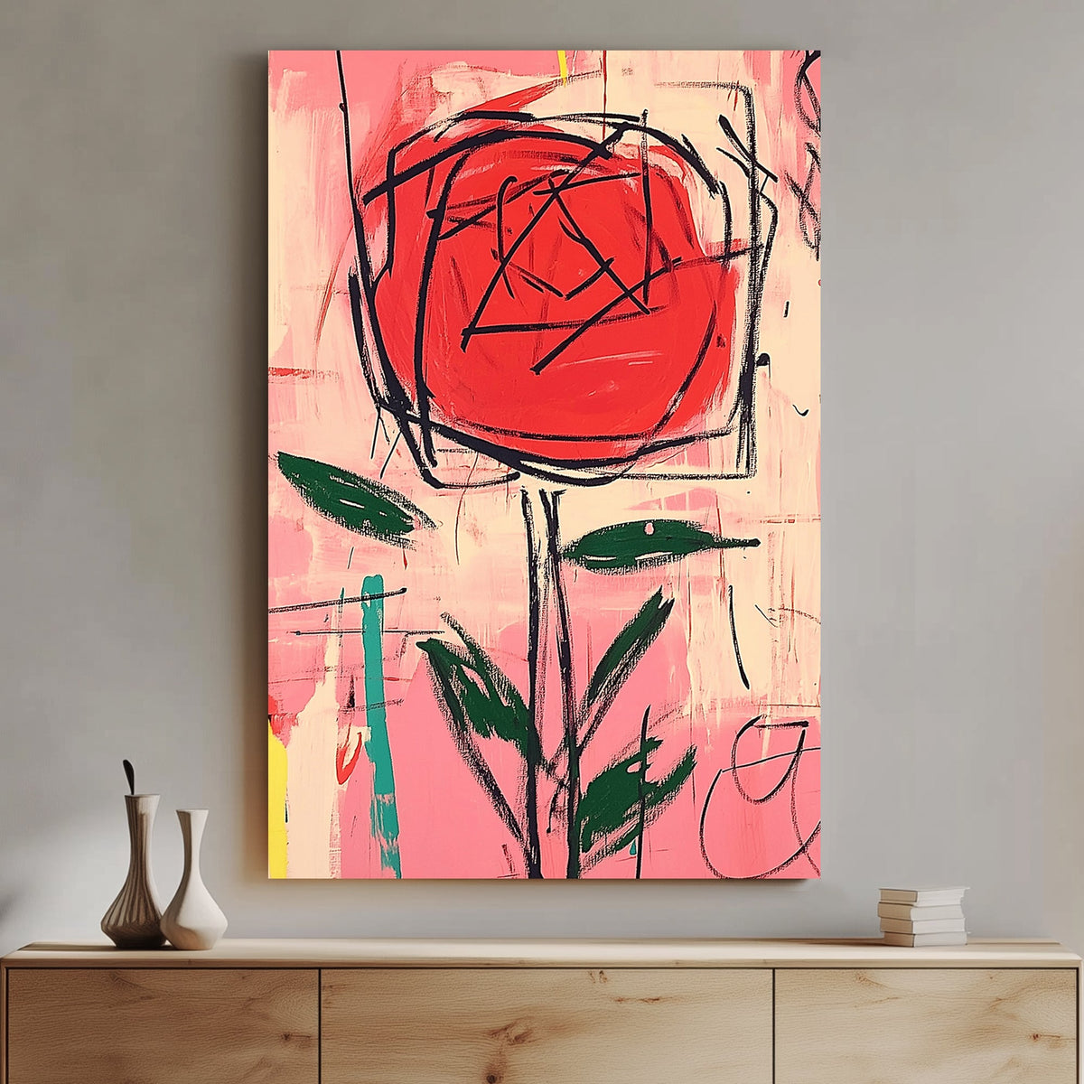 Graffiti-style red rose abstract wall art with bold black strokes and a vibrant pink background.