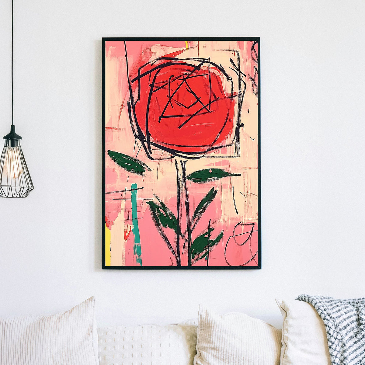 Graffiti-style red rose abstract wall art with bold black strokes and a vibrant pink background.