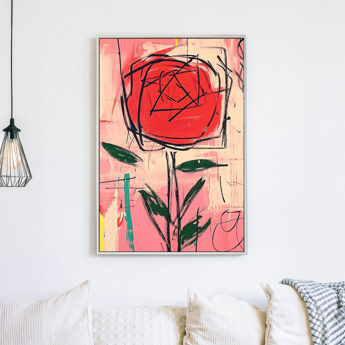 Graffiti-style red rose abstract wall art with bold black strokes and a vibrant pink background.