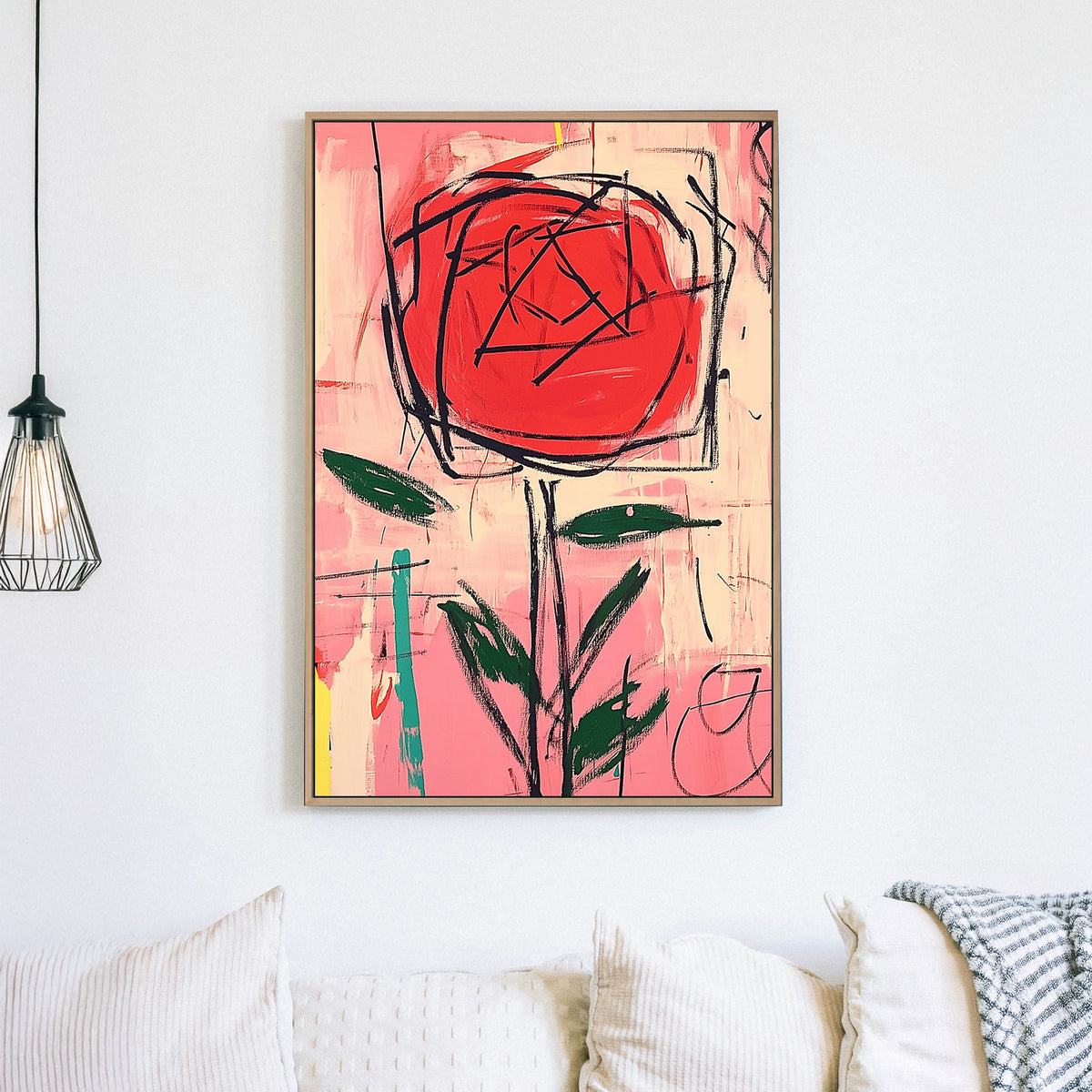 Graffiti-style red rose abstract wall art with bold black strokes and a vibrant pink background.