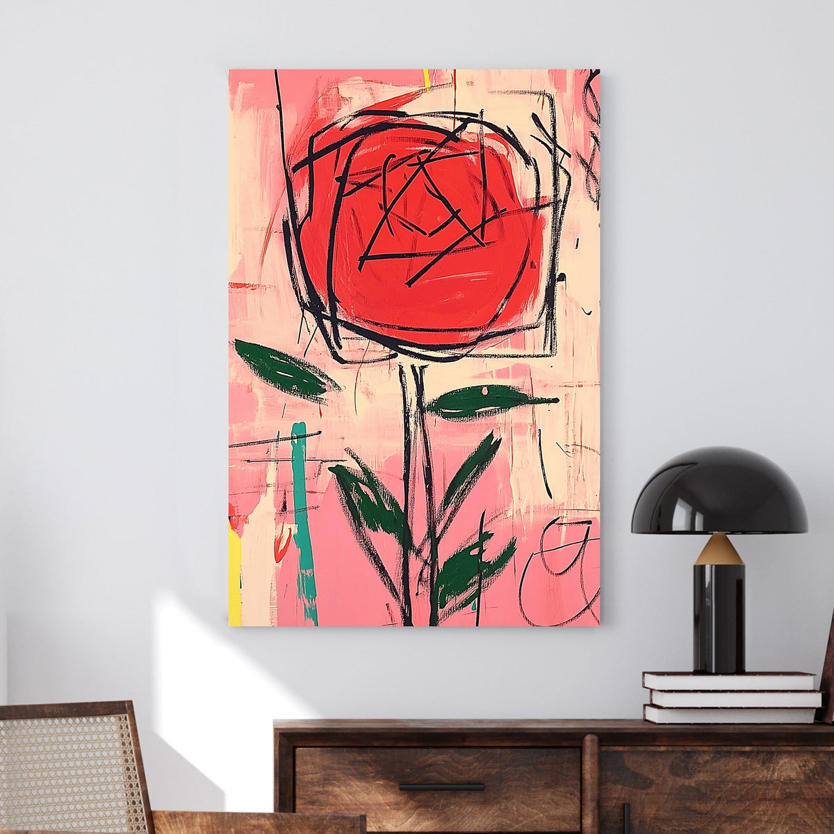 Graffiti-style red rose abstract wall art with bold black strokes and a vibrant pink background.