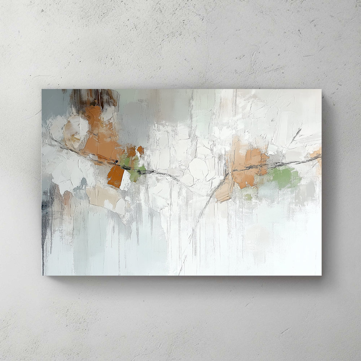 Abstract textured wall art with earthy tones, neutral whites, and soft greens creating a nature-inspired composition.