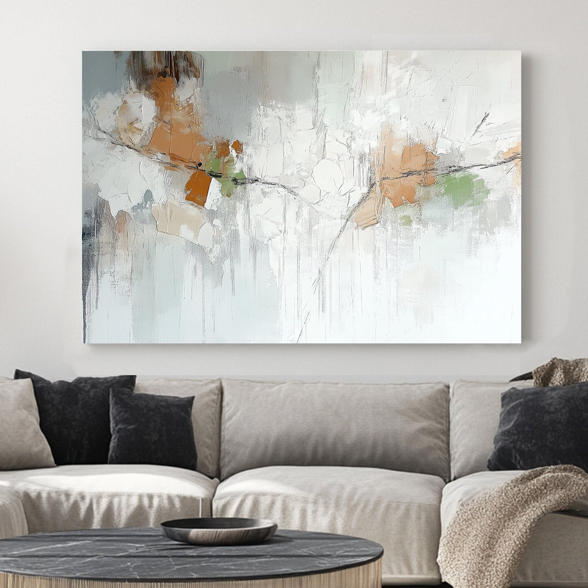 Abstract textured wall art with earthy tones, neutral whites, and soft greens creating a nature-inspired composition.