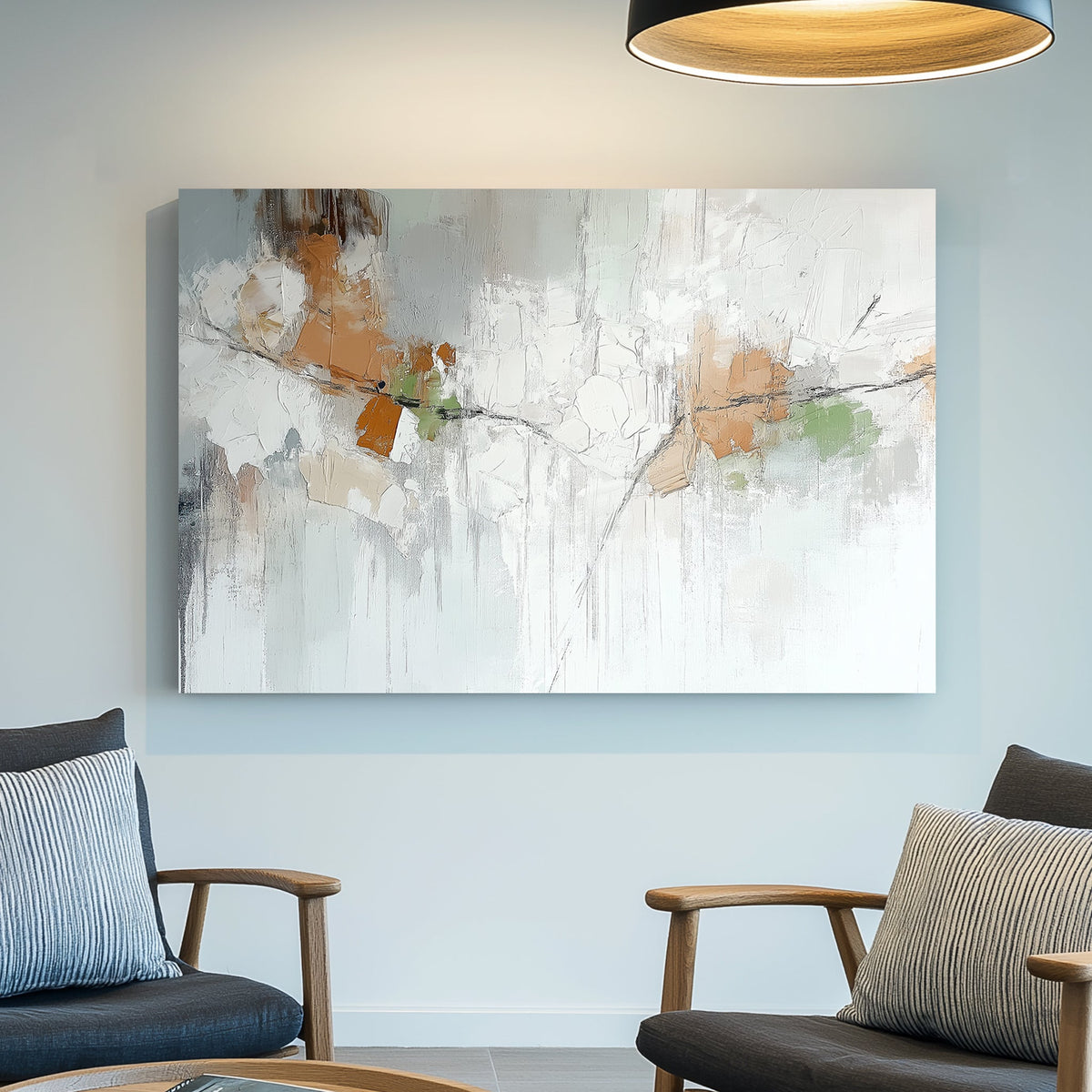 Abstract textured wall art with earthy tones, neutral whites, and soft greens creating a nature-inspired composition.