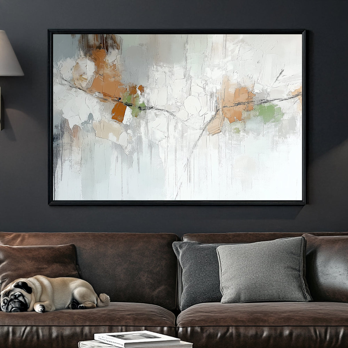 Abstract textured wall art with earthy tones, neutral whites, and soft greens creating a nature-inspired composition.