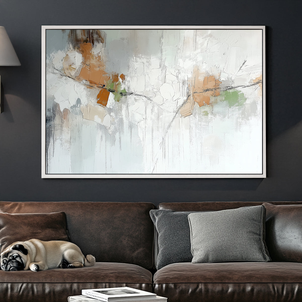 Abstract textured wall art with earthy tones, neutral whites, and soft greens creating a nature-inspired composition.
