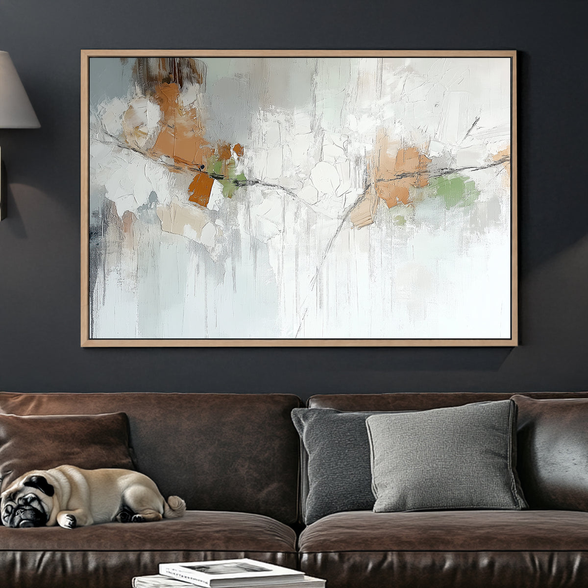 Abstract textured wall art with earthy tones, neutral whites, and soft greens creating a nature-inspired composition.