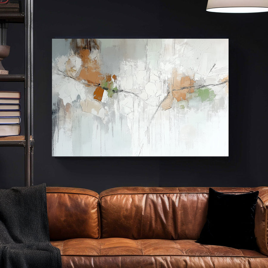Abstract textured wall art with earthy tones, neutral whites, and soft greens creating a nature-inspired composition.