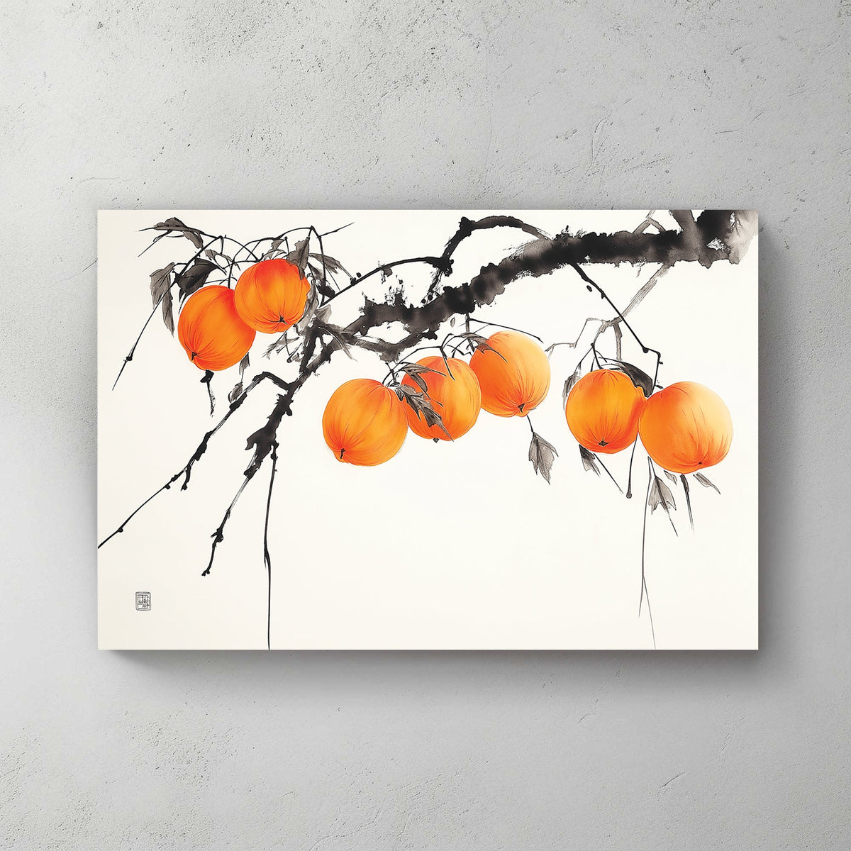 Japanese ink wall art of persimmons on a branch with delicate brushstrokes and soft orange hues.