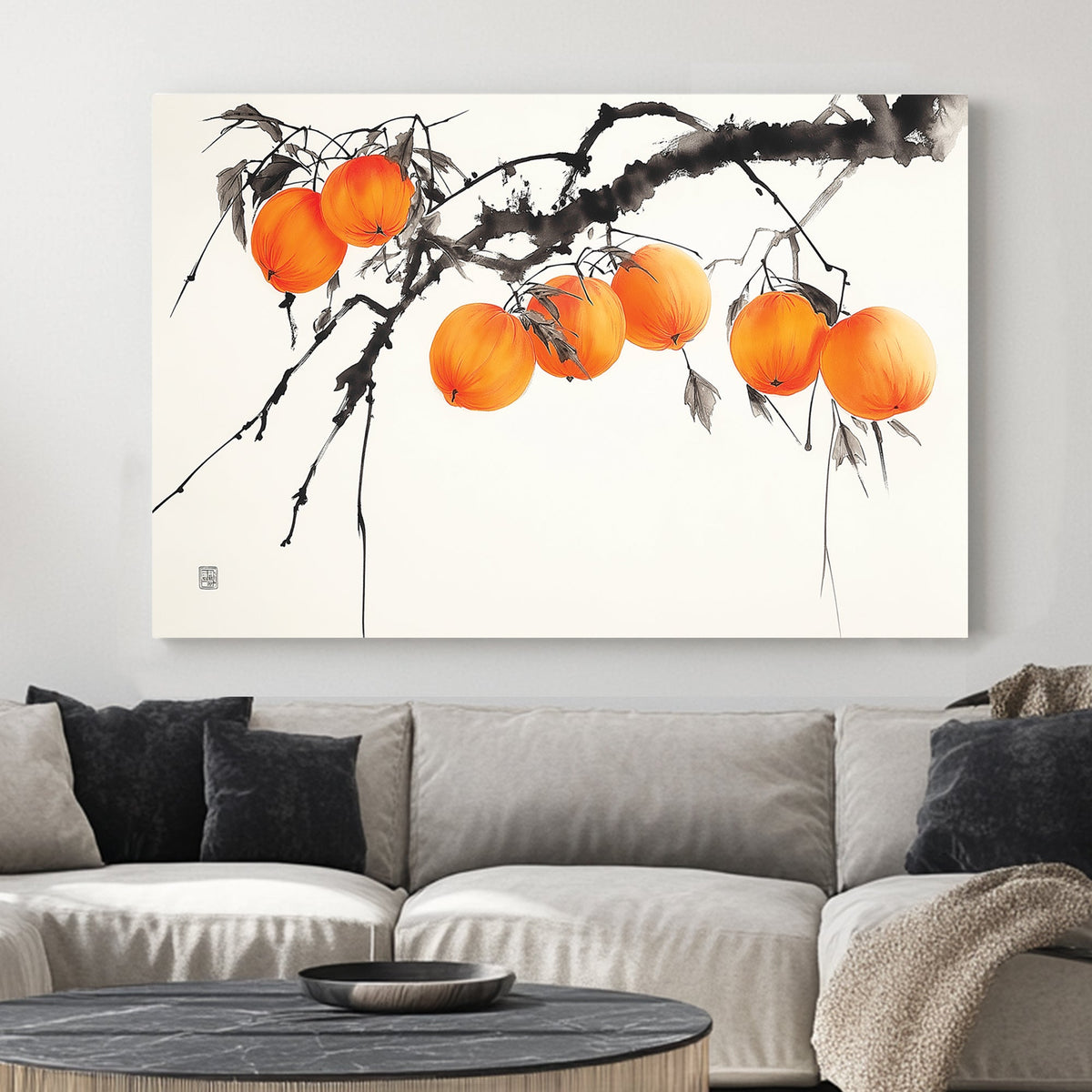 Japanese ink wall art of persimmons on a branch with delicate brushstrokes and soft orange hues.