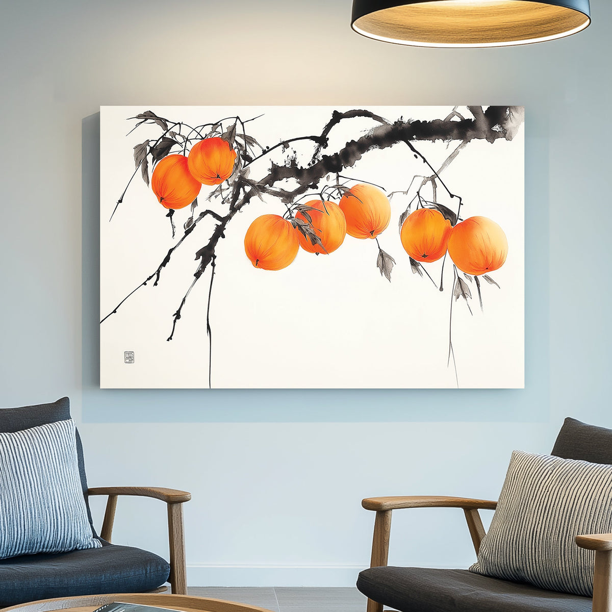 Japanese ink wall art of persimmons on a branch with delicate brushstrokes and soft orange hues.