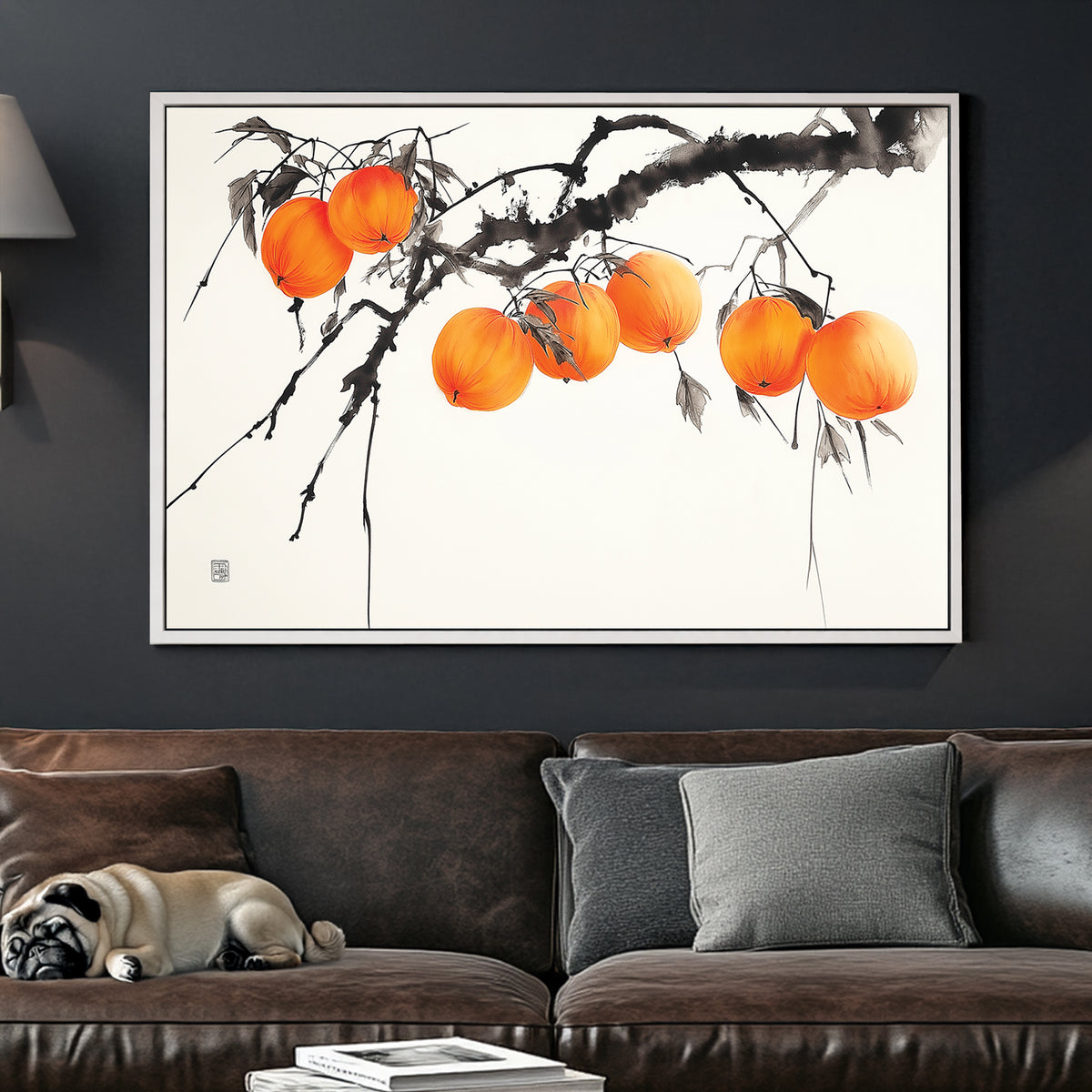 Japanese ink wall art of persimmons on a branch with delicate brushstrokes and soft orange hues.