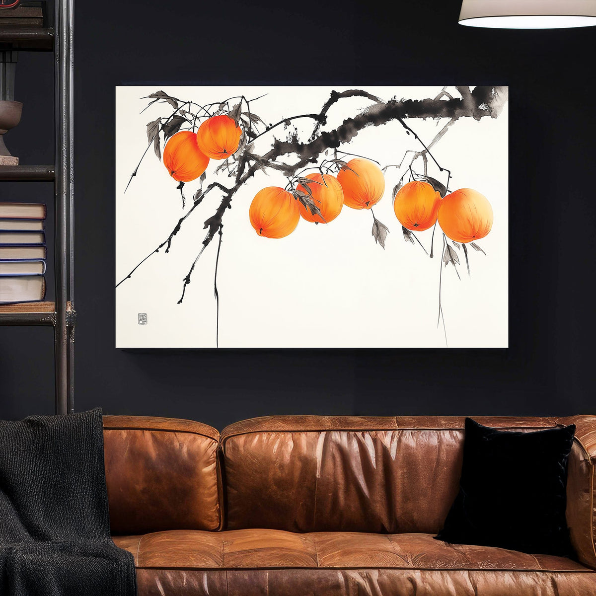 Japanese ink wall art of persimmons on a branch with delicate brushstrokes and soft orange hues.
