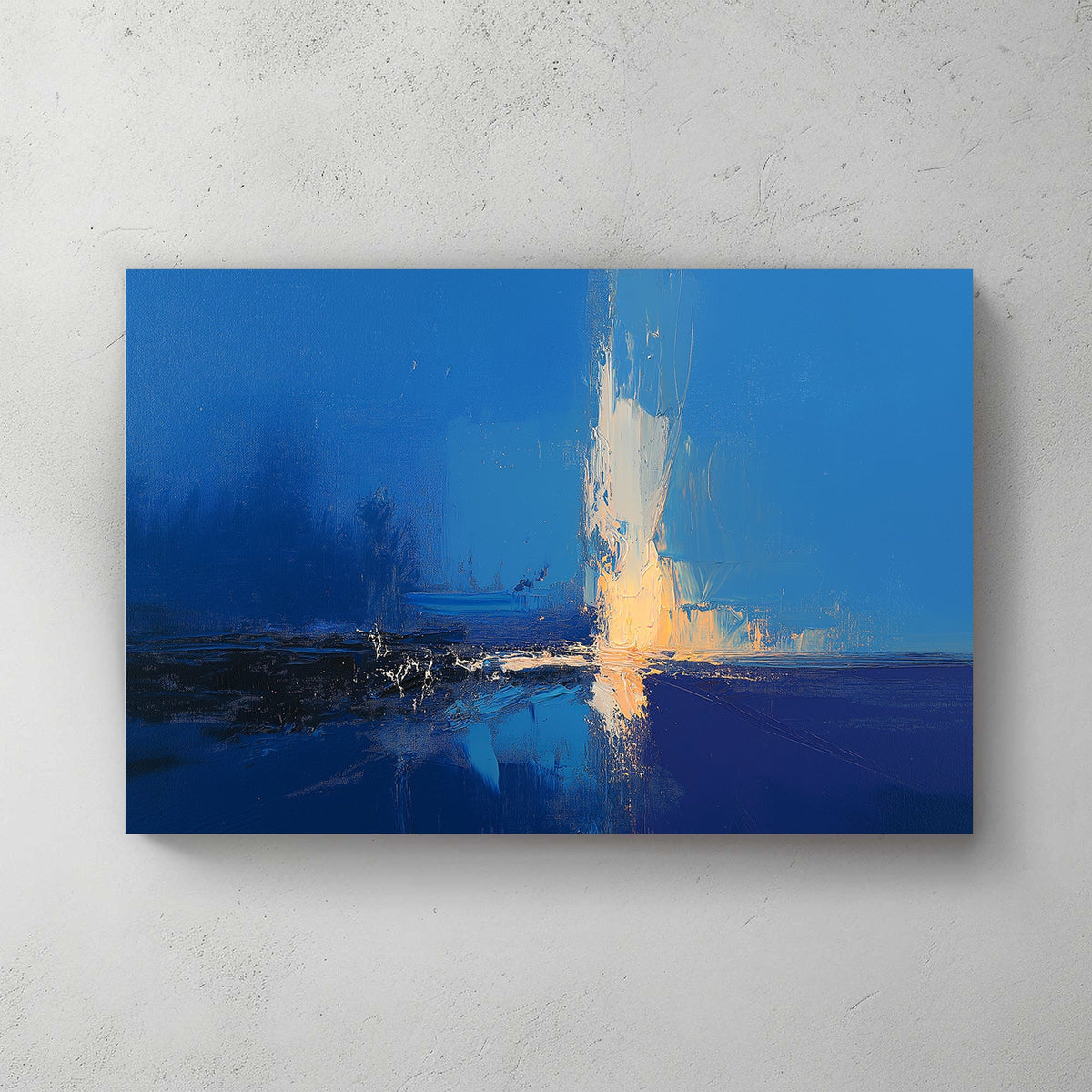 Abstract modern wall art with deep blue tones and golden light reflection, featuring expressive textured brushstrokes.
