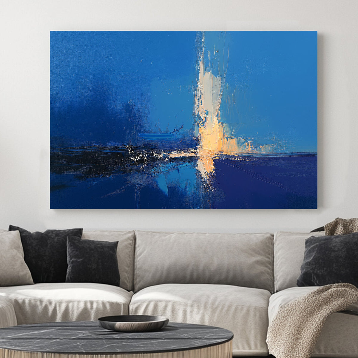 Abstract modern wall art with deep blue tones and golden light reflection, featuring expressive textured brushstrokes.