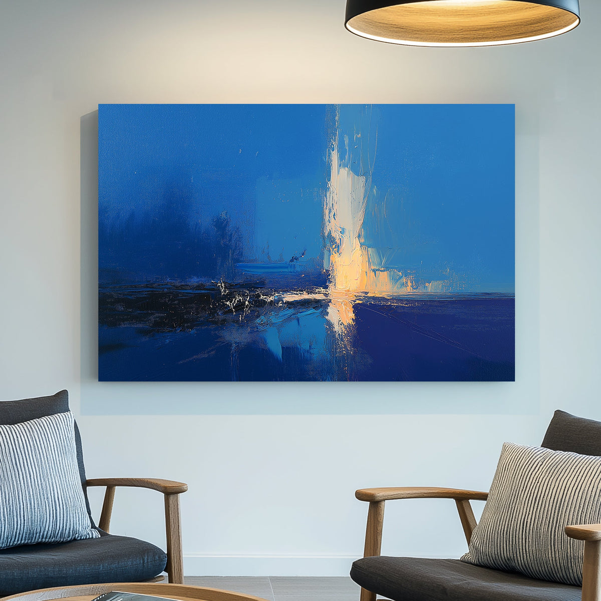 Abstract modern wall art with deep blue tones and golden light reflection, featuring expressive textured brushstrokes.