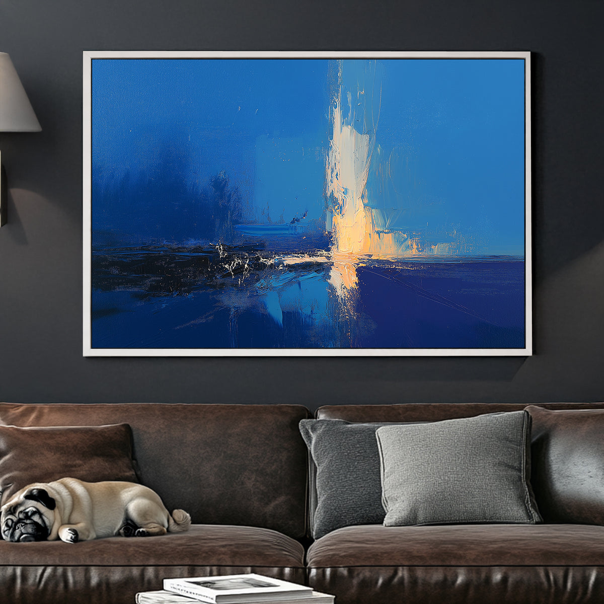 Abstract modern wall art with deep blue tones and golden light reflection, featuring expressive textured brushstrokes.