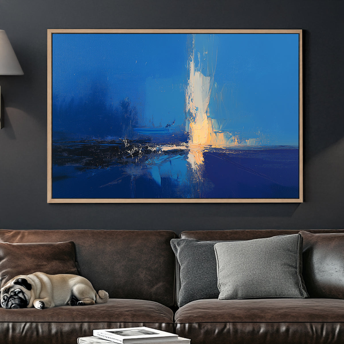 Abstract modern wall art with deep blue tones and golden light reflection, featuring expressive textured brushstrokes.