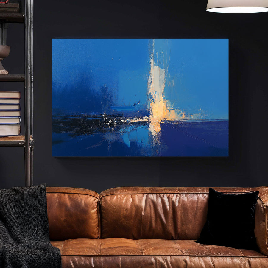 Abstract modern wall art with deep blue tones and golden light reflection, featuring expressive textured brushstrokes.