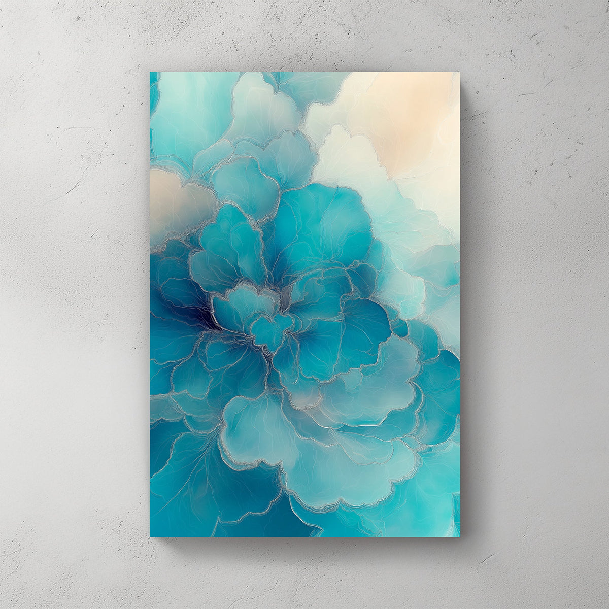 Abstract floral-inspired wall art in shades of blue and ivory, featuring delicate fluid textures.
