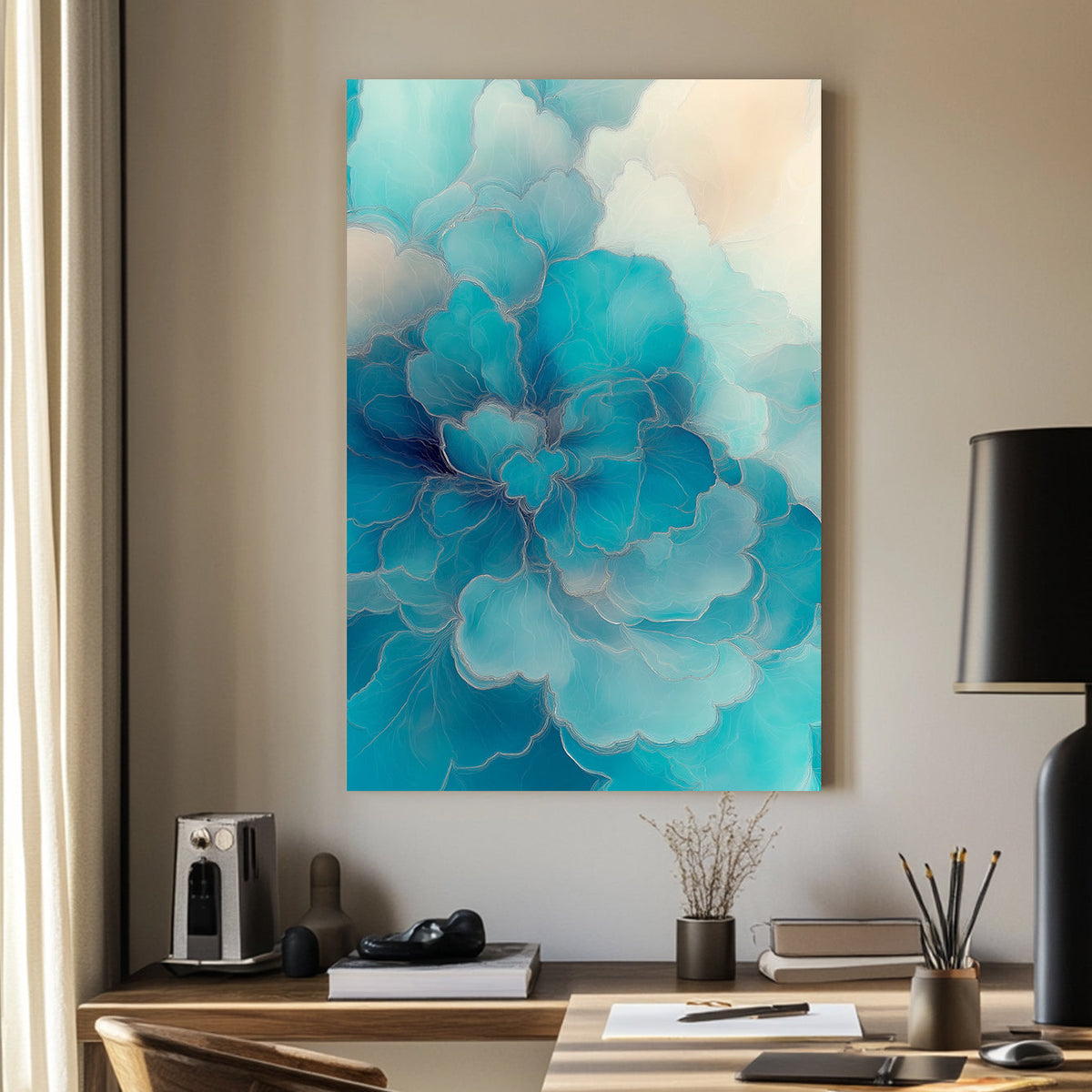 Abstract floral-inspired wall art in shades of blue and ivory, featuring delicate fluid textures.