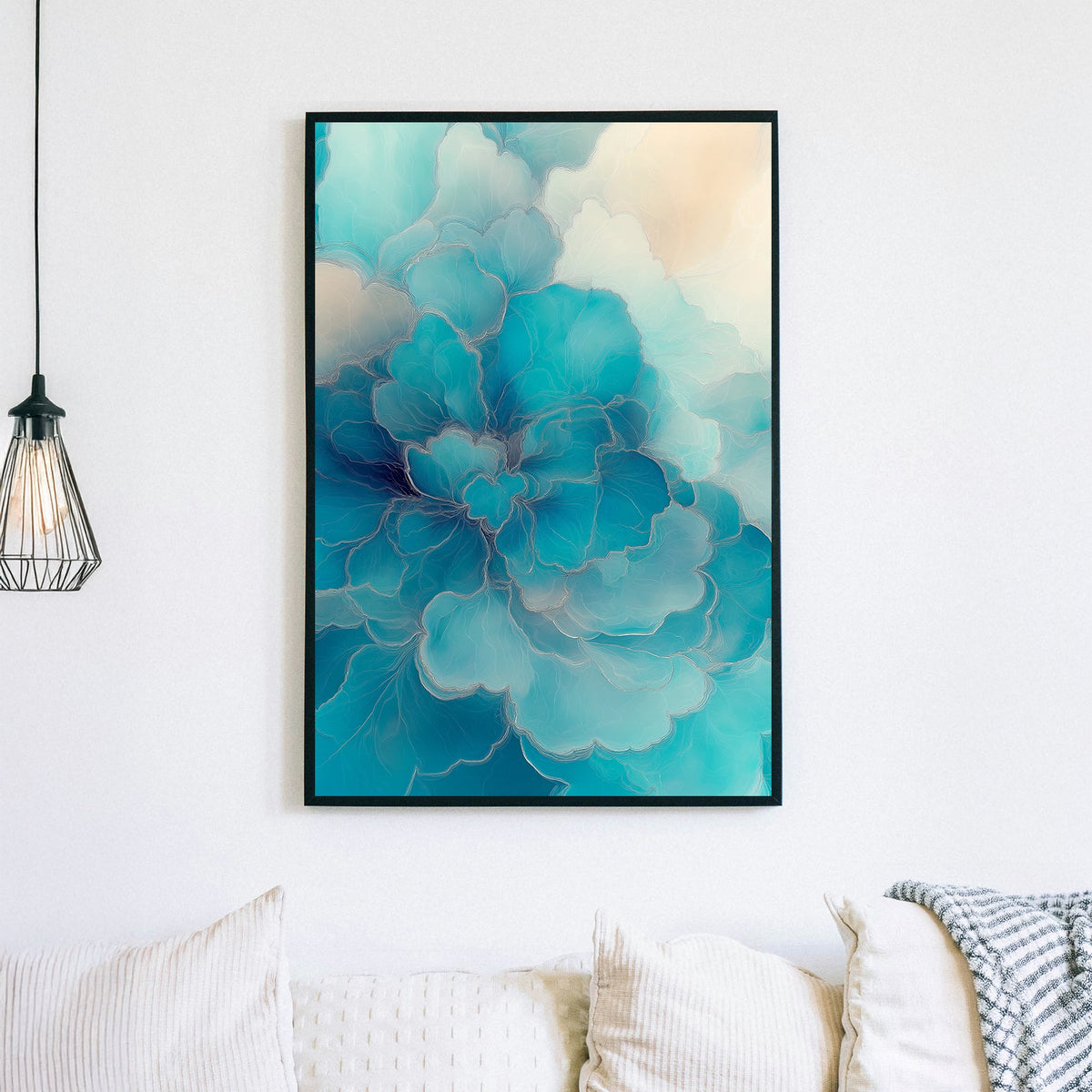 Abstract floral-inspired wall art in shades of blue and ivory, featuring delicate fluid textures.