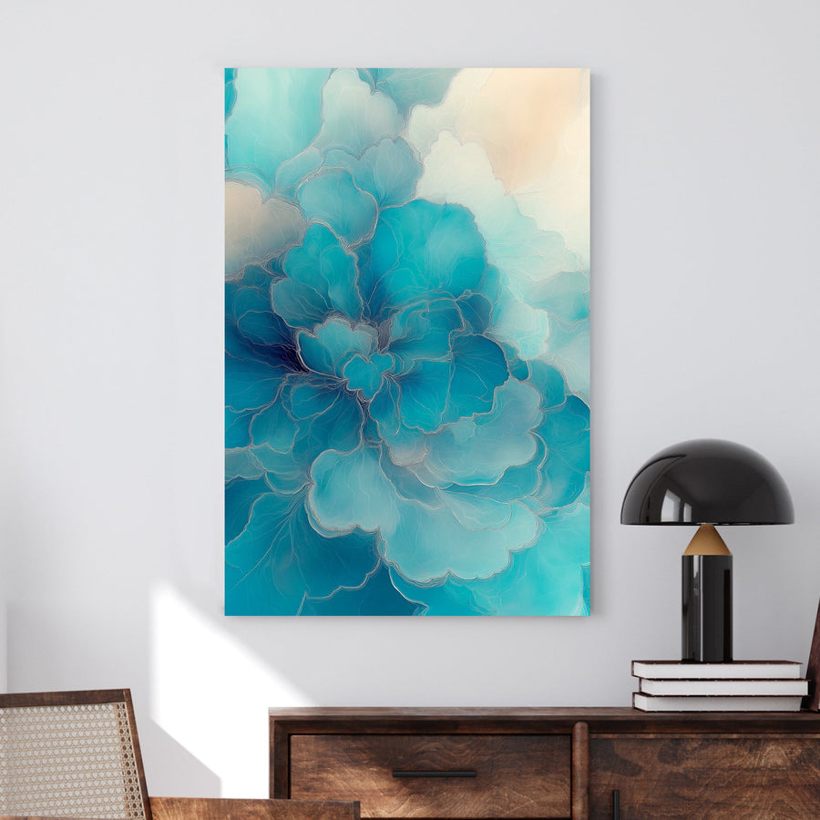 Abstract floral-inspired wall art in shades of blue and ivory, featuring delicate fluid textures.