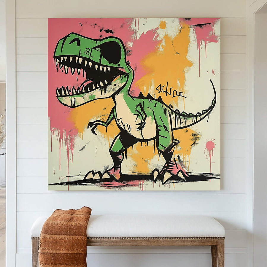 Graffiti-style dinosaur wall art featuring a green T-Rex on a vibrant pink and orange abstract background.