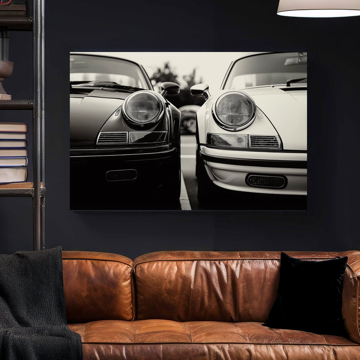 Black and white wall art featuring two vintage Porsche 911 cars parked side by side in a striking monochrome composition.