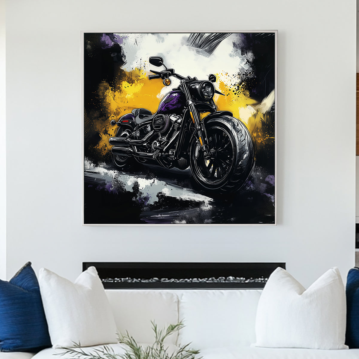High-contrast Harley Davidson motorcycle wall art featuring a black and purple bike with a bold abstract background of yellow, black, and white.
