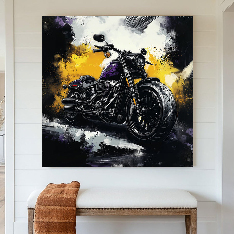 High-contrast Harley Davidson motorcycle wall art featuring a black and purple bike with a bold abstract background of yellow, black, and white.