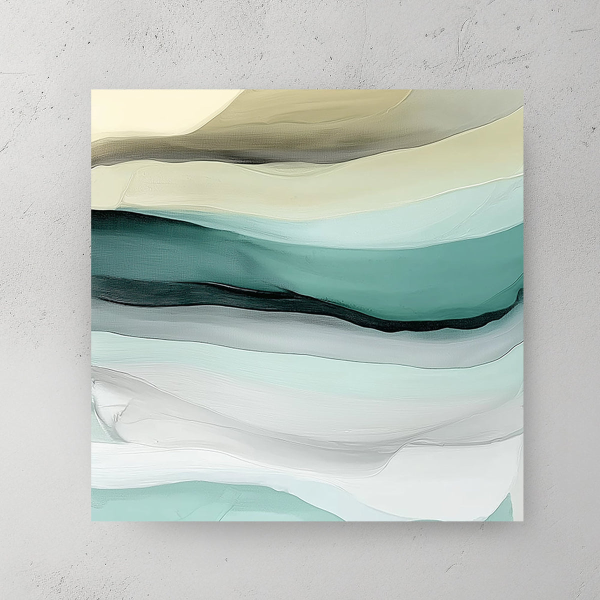 Abstract layered wall art in soft teal, sage, beige, and white, resembling ocean waves and sandy shores.